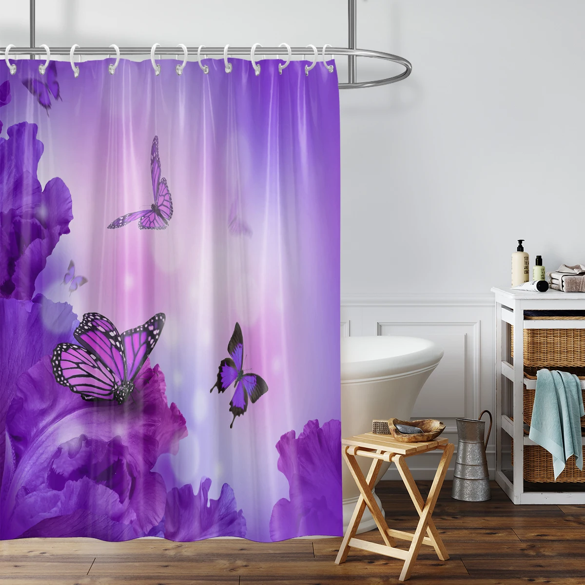 1 piece of 180x180cm purple dreamy butterfly flower print shower curtain partition, bathroom waterproof and mold resistant