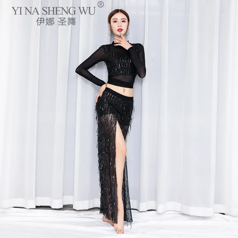 

Тренировочная одежда для танца живота, набор шарфов с кисточками для танца живота, длинная юбка с блестками, стильный костюм, платье для танца живота, женский топ, 2 шт.