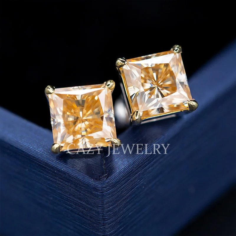 

Ice Crushed Cut Princess Champagne Color 1ct Moissanite Earstuds For Custom Jewelry Silver Plated 18k Gold Earring