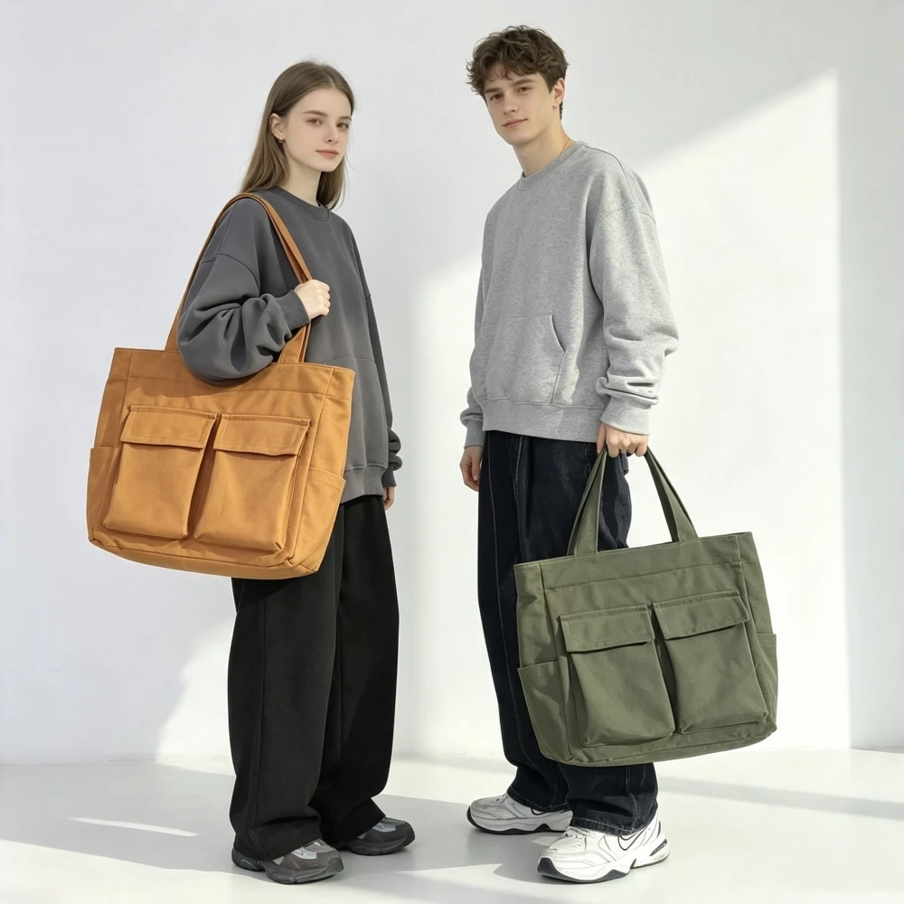 Unisex Vintage Casual Tote Bag Square Canvas Pocket Single Shoulder Bags Large Capacity Solid Cottoon Handbag Man's Shopping Bag