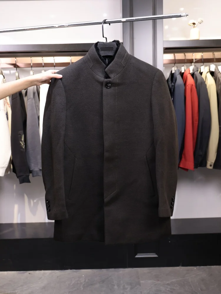 

Homesi Faionable Men's Woolen Coat Detachable Fur Collar Busin Casual Sle Mid-Length Single Button Closure