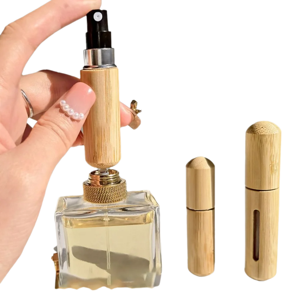 Botella de Perfume recargable ultrafina de 5/8ML, Mini botella pulverizadora de bambú de madera, revestimiento de llenado inferior, contenedor de líquidos, botellas de viaje