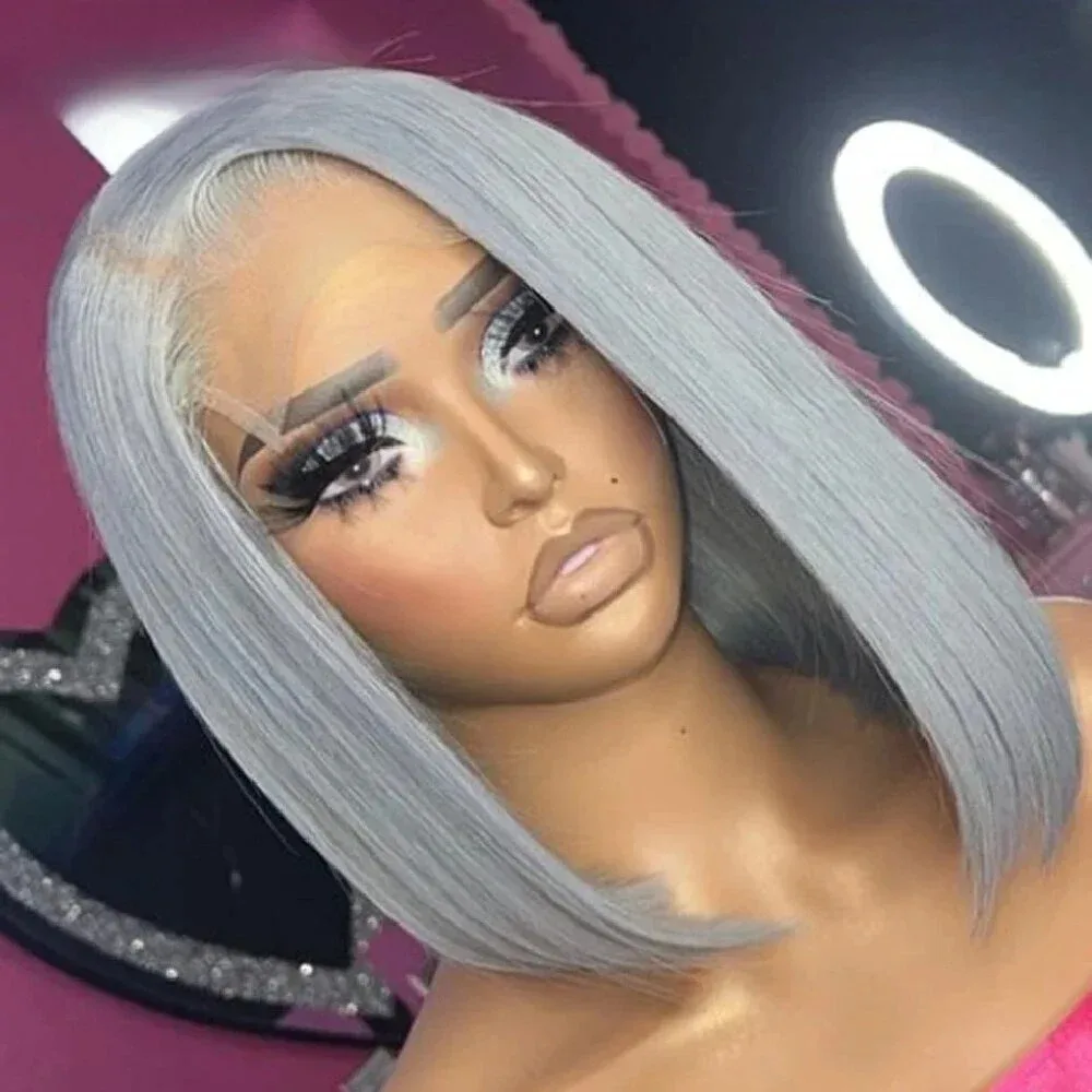 

Silver Grey Hair Short Bob Straight Lace Front Wigs 13X4 HD Pre Plucked Synthetic And Blend Lace Wigs Daily Cosplay For Women