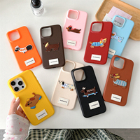 Korean Cute Cartoon Dachshund Litchi Pattern Case For iPhone 16 15 14 13 12 Pro Max 11 Korean Lovely Shockproof Soft Cover Funda