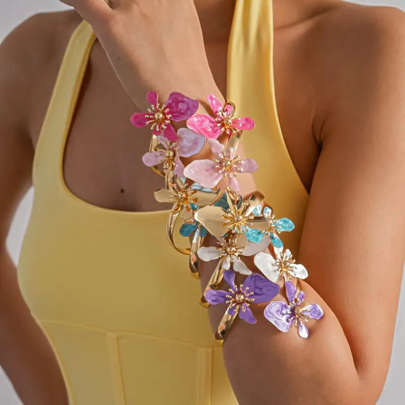 Irregular Dripping Oil Flower Open Cuff Bracelet Trendy Bangle Skin Friendly Jewelry for Women Festival Party Decor