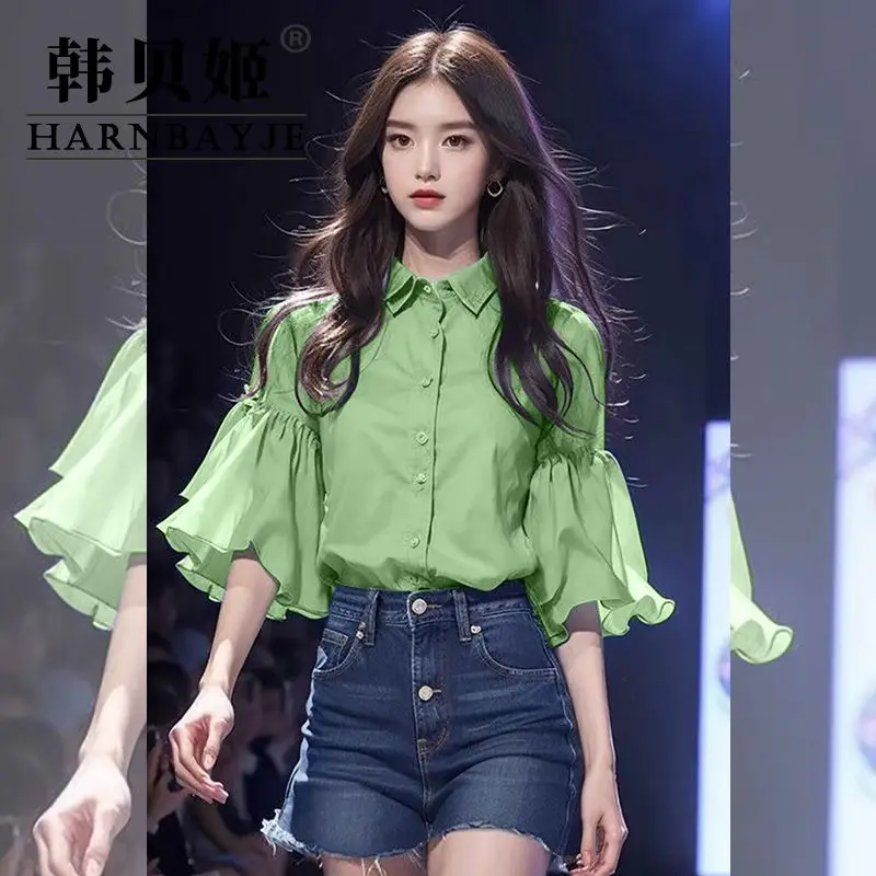 ใหม่ผู้หญิงสีฟ้าอ่อนนัวเนียแขนเสื้อด้านบน