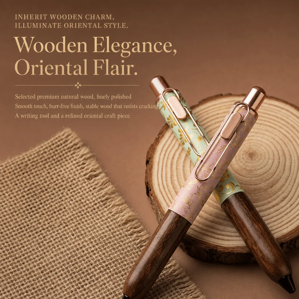 Durable Wood Chubby Gel Pen Vintage Floral Printed Smooth Writing Click Pen Neutral Pen School Office