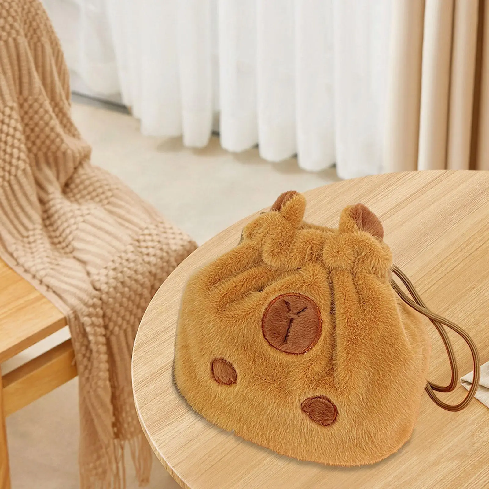 Plush Capybara Drawstring Handbag Cute Animal Tote Bag for Women Girls Casual Storage Purse Soft Fluffy Travel Party Gift