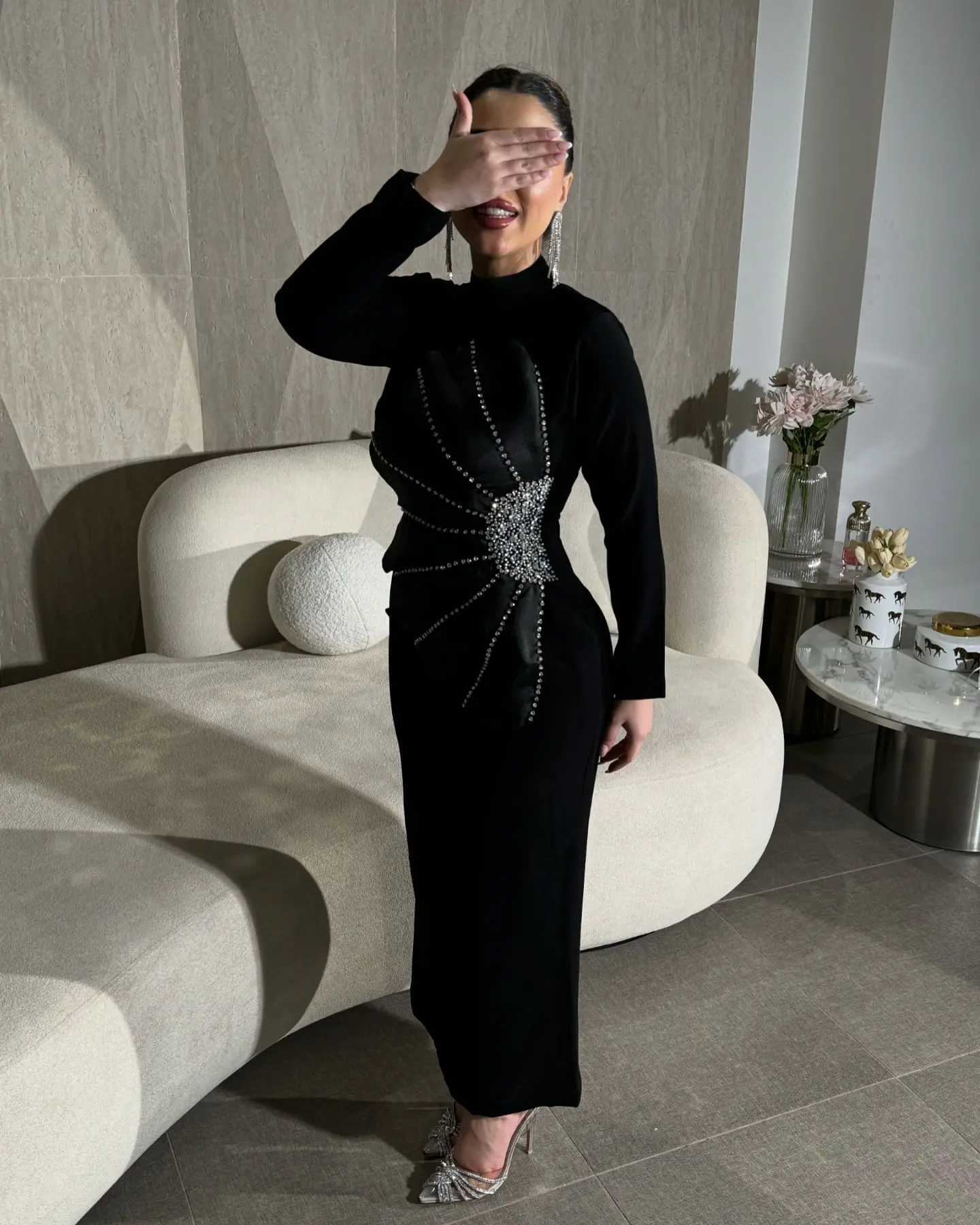 

Adeli Elegant Black Turtleneck Prom Dress Women Long Sleeve Beaded Evening Dress Ankle Length Formal Occasion Dresses customized