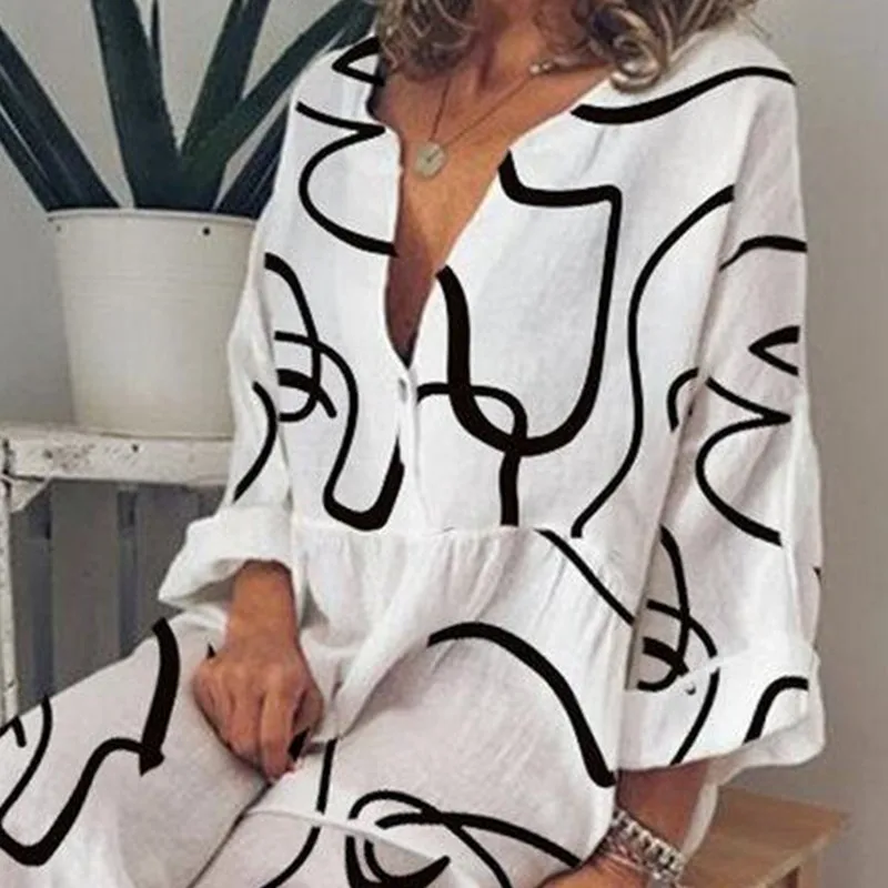 

Women Casual V-Neck Button Long Sleeve Party Maxi Dresses Femme Robe Vestidos Hot Sale Abstract Face Print Plus Size White Dress