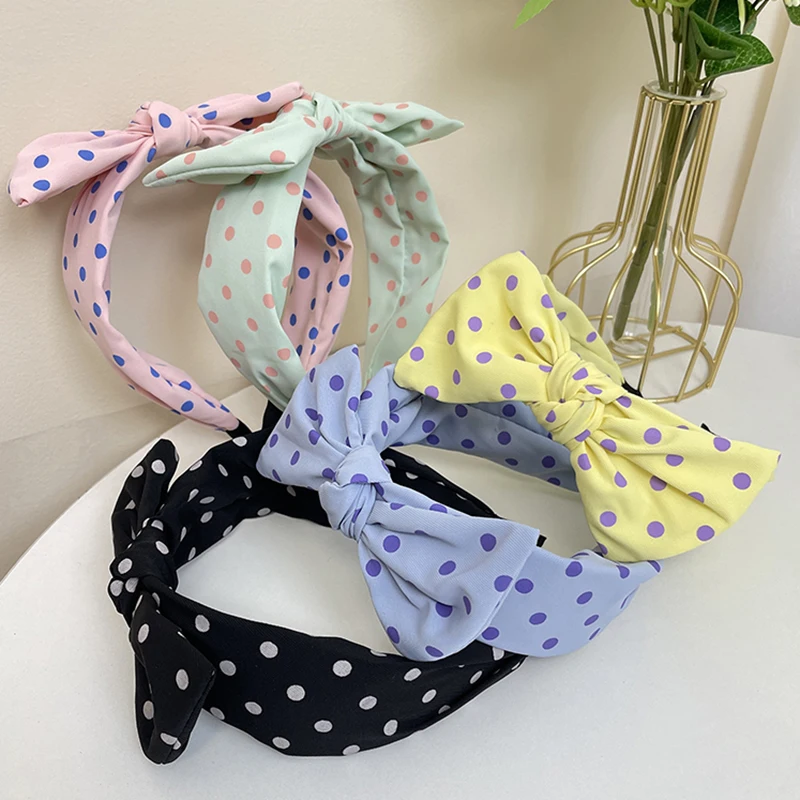 Korean Version Of Polka Dot Bow Fabric Hairband Women\'s Fashion Classic Sweet And Cute Square Rabbit Ears Wide Brimmed Headband