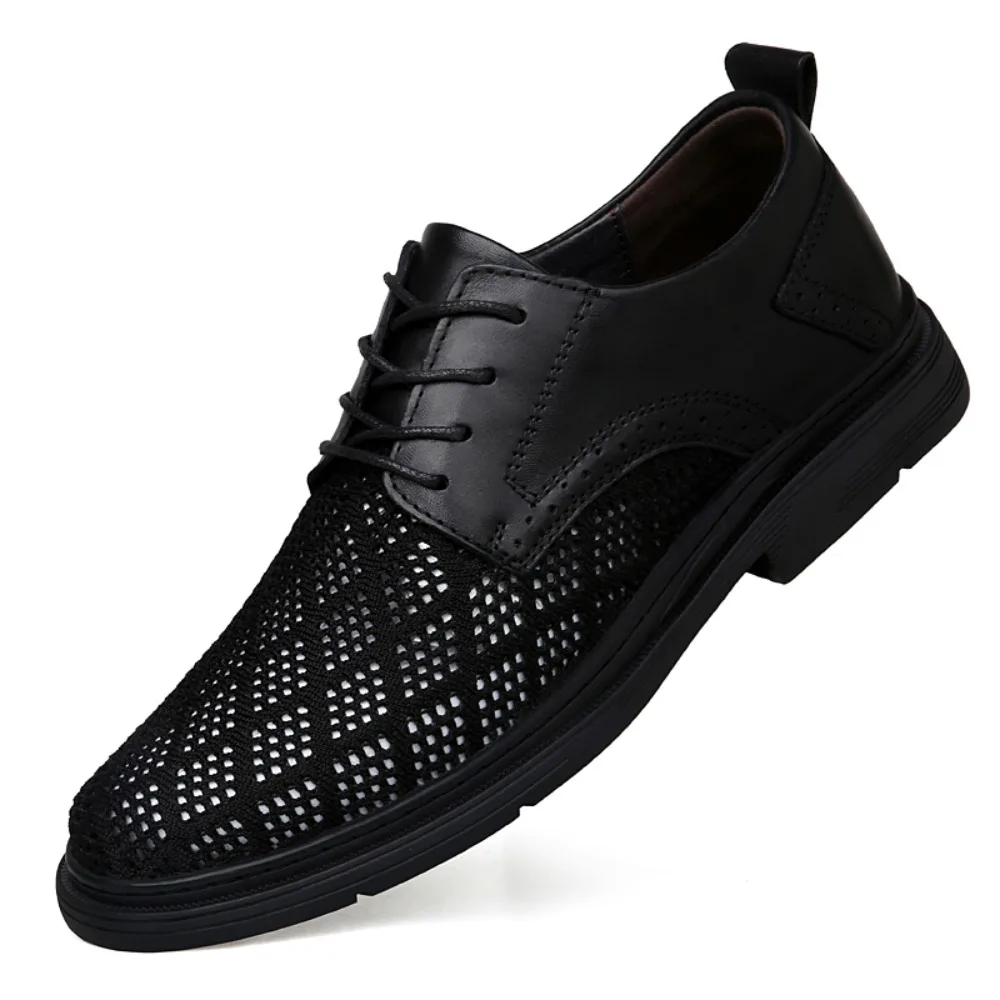 

Men's Lightweight Mesh & Leather Oxford Shoes, 360° Breathable Design, Durable Non-slip Sole Formal Casual Shoes for Hot Weather