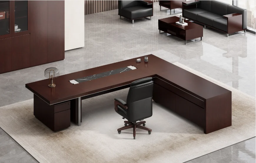 Managers Command Center Modern Durable L-Shaped Executive Desk With Wood Veneer And Storage