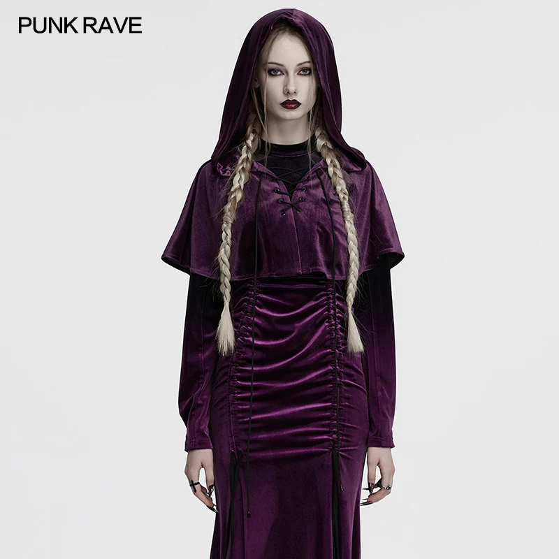 PUNK RAVE Women's Elastic Velvet Lost Elf Cloak Minimalist Hooded Long Back Hem Flexibly Fur Balls Small Coat Three Colors