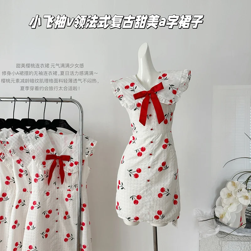 Cherry Printed Dresses Women Summer New Fashion Slim Sleeveless Dress Elegant Retro Sweet A-line Dress Streetwear