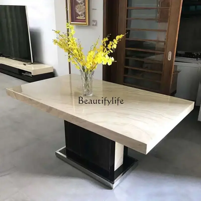

LJY*Marble travertine red rectangular dining table ebony natural stone