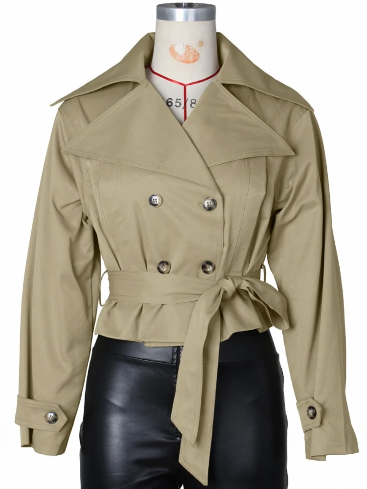 

Модный короткий плащ с поясом, женский двубортный пиджак с отложным воротником и длинными рукавами, 2026, весенне-осенняя женская уличная верхняя одежда