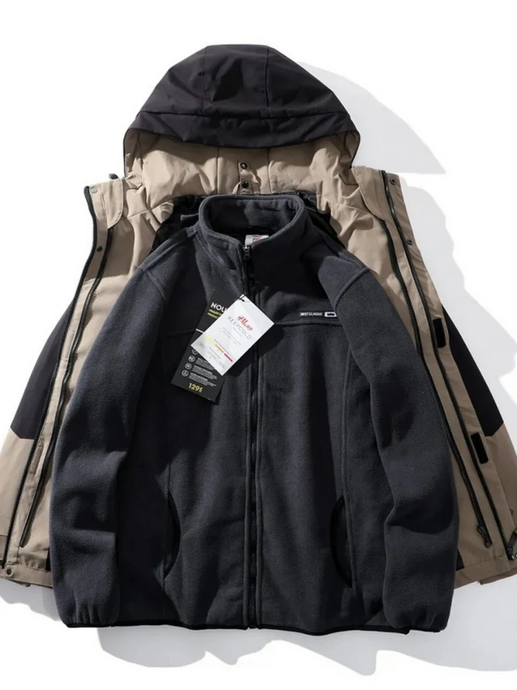 

Мужская утепленная ветрозащитная куртка с флисовой подкладкой и капюшоном, 3-в-1, для походов и альпинизма, водонепроницаемая, теплая, из полиэфирного волокна