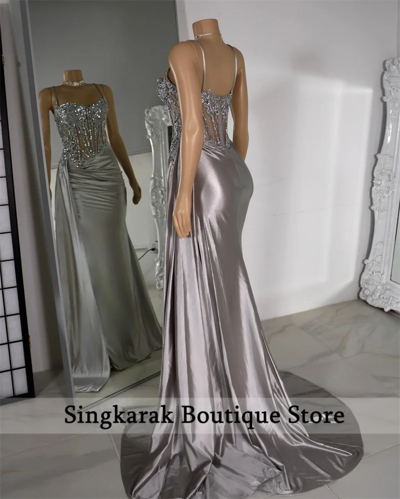 Nuevo diseño, vestido largo de fiesta gris plateado, correas con abertura lateral, apliques de diamantes de imitación, vestidos de fiesta de cumpleaños, vestido de noche plisado personalizado