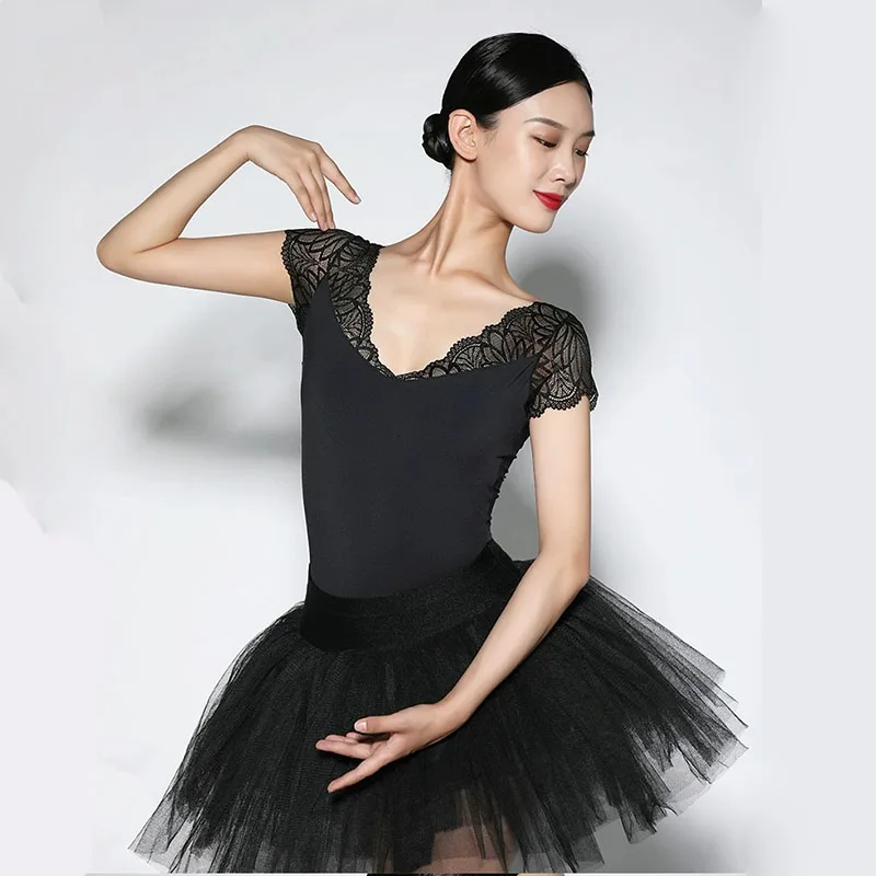 Ballet Leotards for Women Ballerina Lace Splice  V-neck Gymnastics Leotards dancewear Black Swimsuit Elegant Dancing Bodysuits