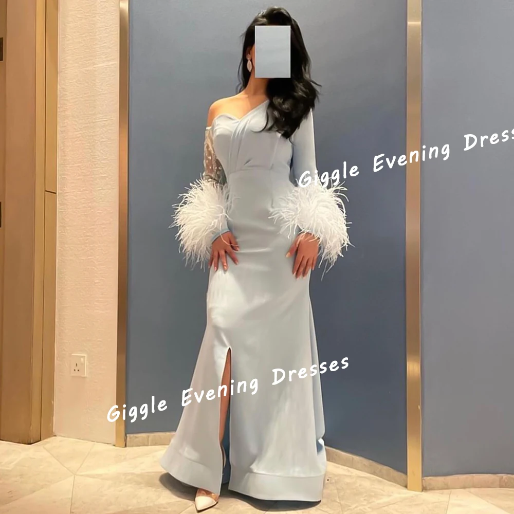 Giggle Crepe Feathers One-Shoulder Elegance Prom Gown Saudi Arab Close-Fitting Ankle-Length Evening Party Dresses for Women 2024