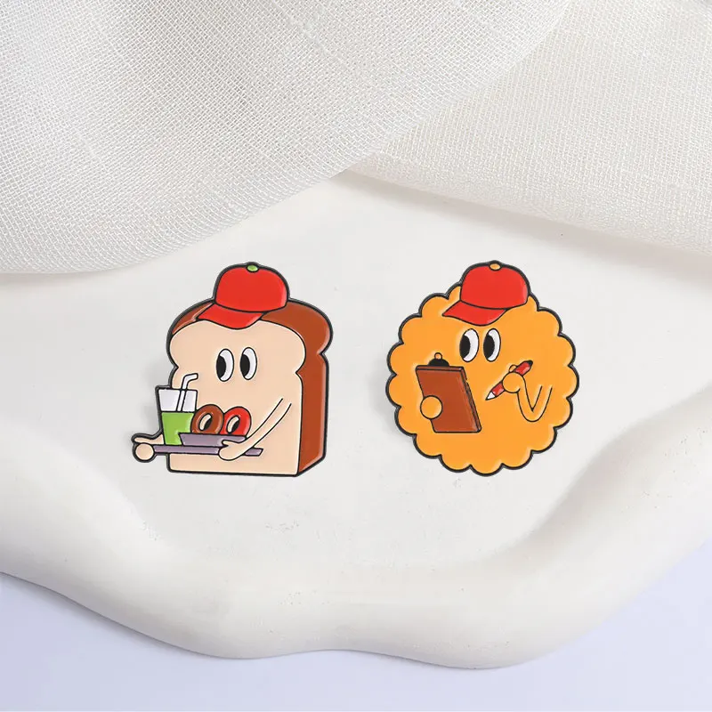 Niedliche Cartoon-Lebensmittel-Charaktere Emaille-Abzeichen Toast Fleischpatties Lieferarbeiter-Pins Lustige Snack-Metallbroschen Anstecknadel-Set Geschenk – Detail 6