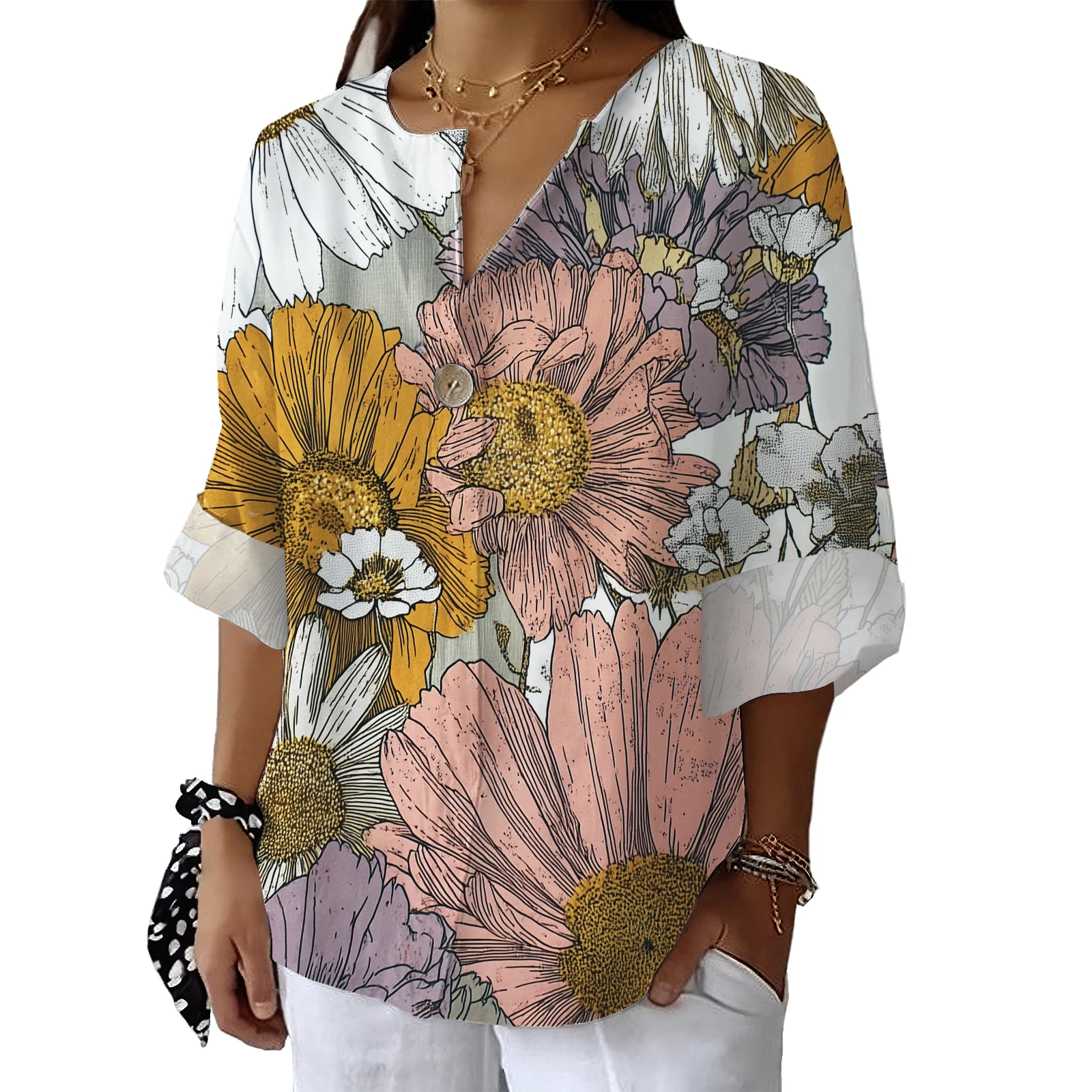 

Women's 2025 Fashion Graphic T-Shirt V-Neck Cute Print Summer Casual T-Shirt Top Dress Shirt