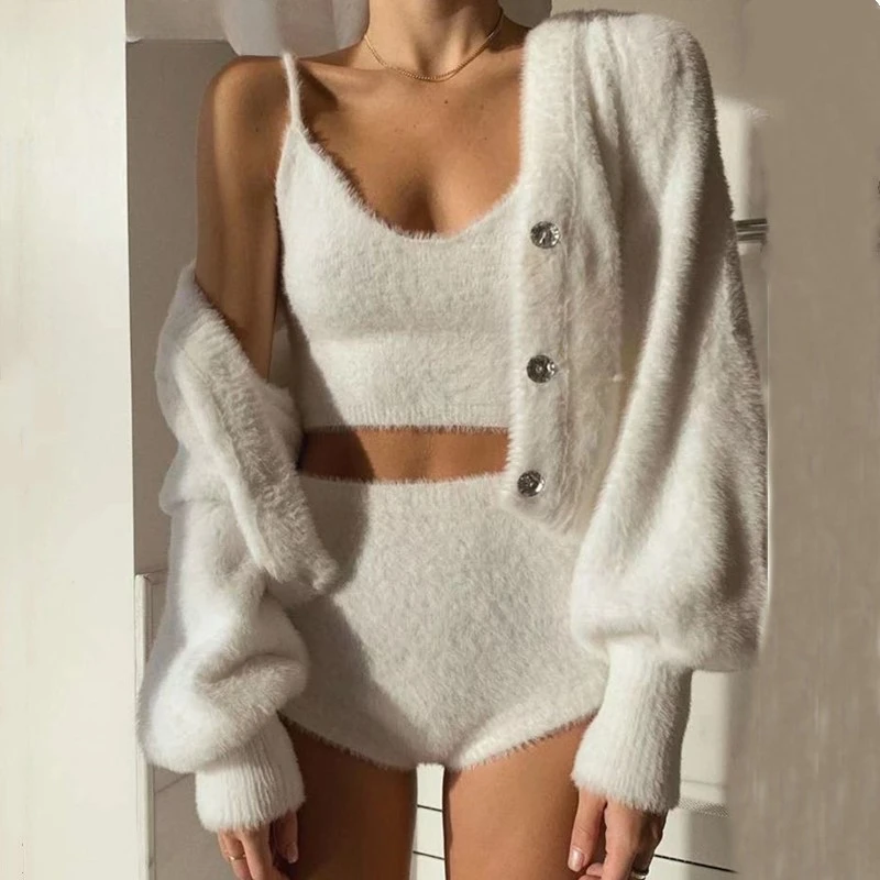 2024 Vintage Suit Fluffy Korean-style White Cardigan Fluffy Single-breasted Vest Sweater Jumper 1 Set