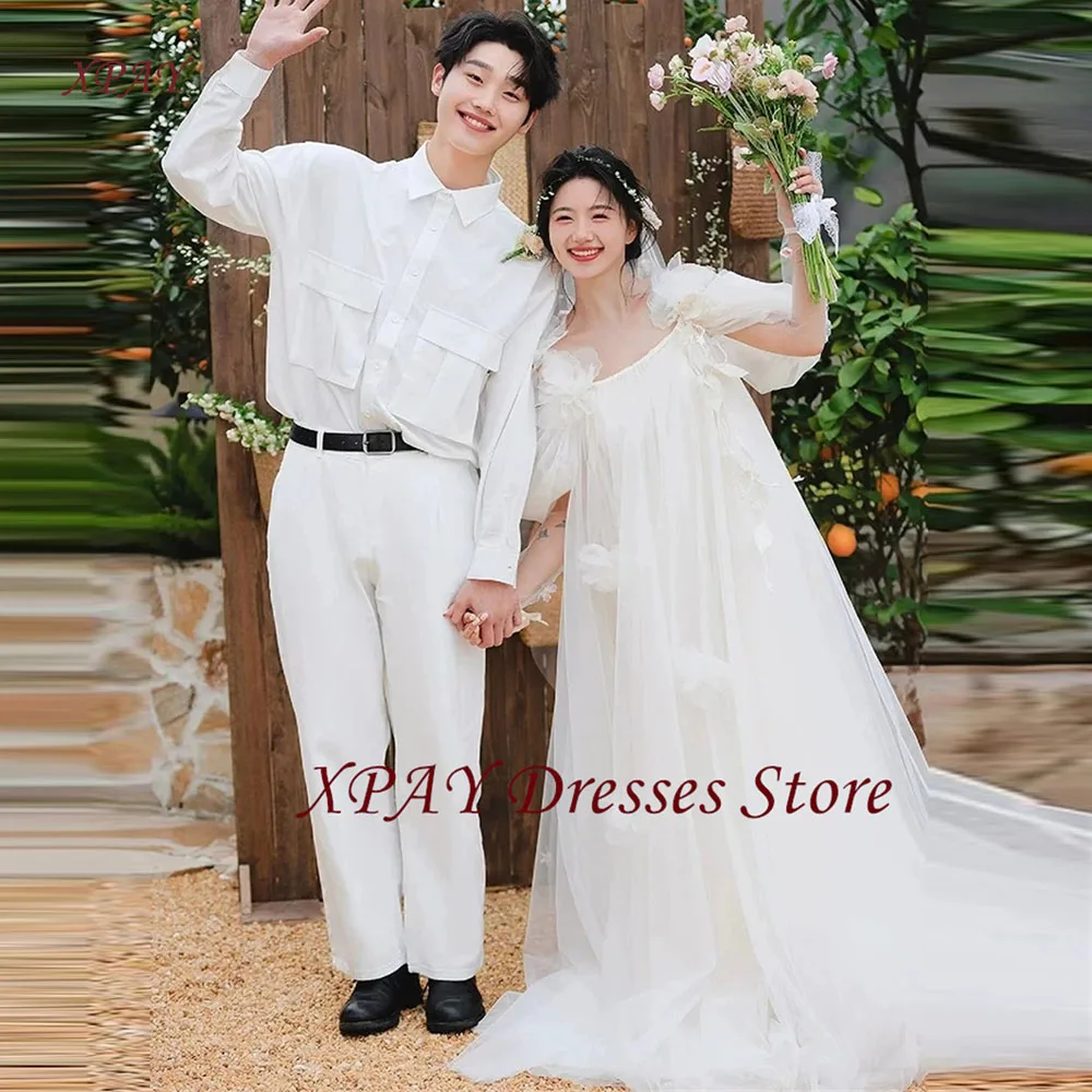 

XPAY Elegant Ivory Wedding Dresses Korea Photo shoot Garden Straight Pregnant Soft Tulle Women Bridal Gowns Princess Customized