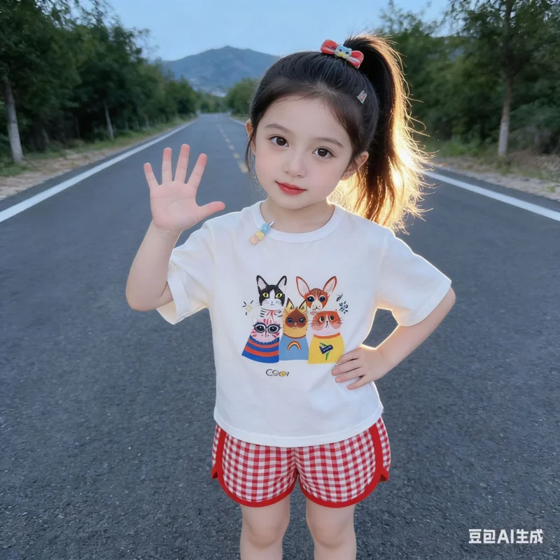 

Children's Summer Cartoon Letter Print Short Sleeve Top and Plaid Shorts Two-Piece Set Stylish girls' casual outfit