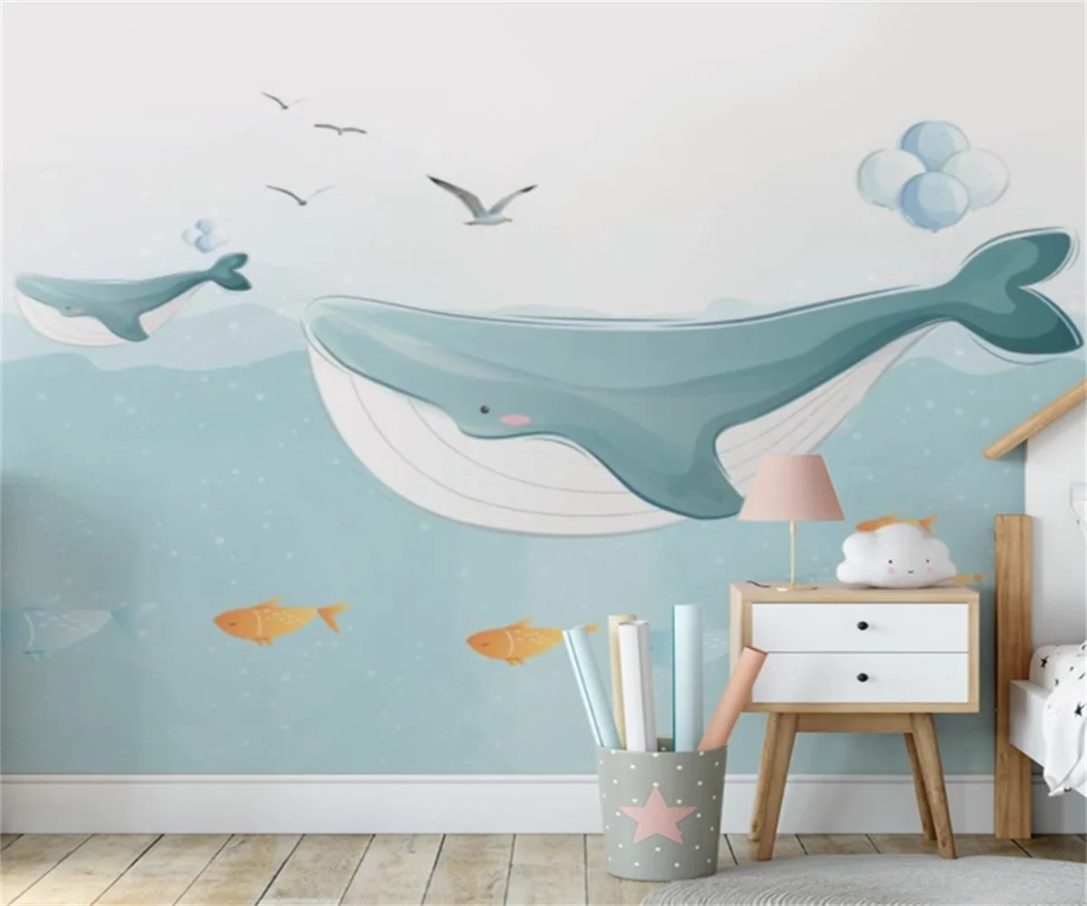 Nordic cartoon ocean whale wallpaper cute children's room wallpaper boy and girl bedroom wallpaper mural papel de parede