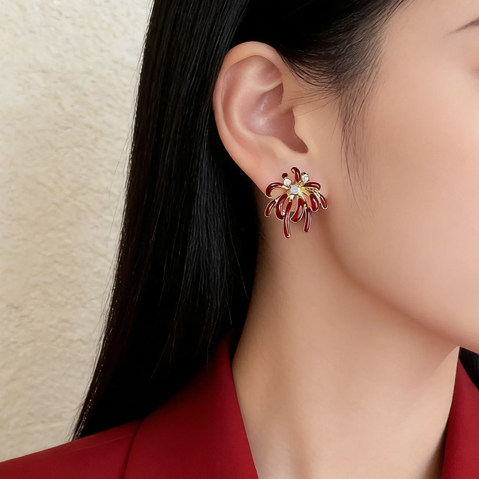 New red fireworks earrings for autumn and winter women, unique and niche earrings, popular light luxury high-end earrings