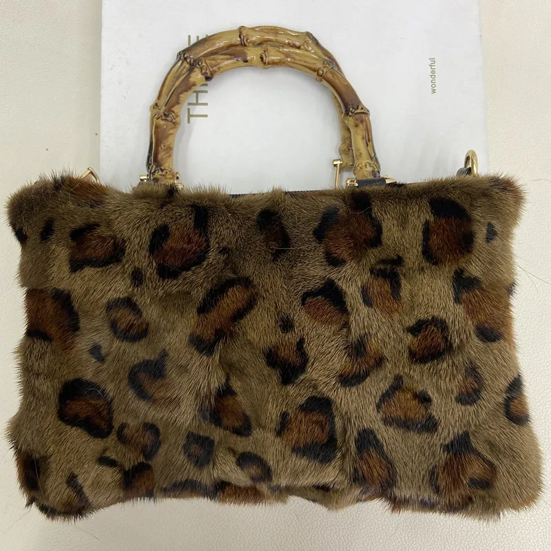Women Leopard pattern Winter Real Fox Fur Handbag Luxury Genuine Fur Party Bag Tote Designer High Quality Real Silver Fox Fur