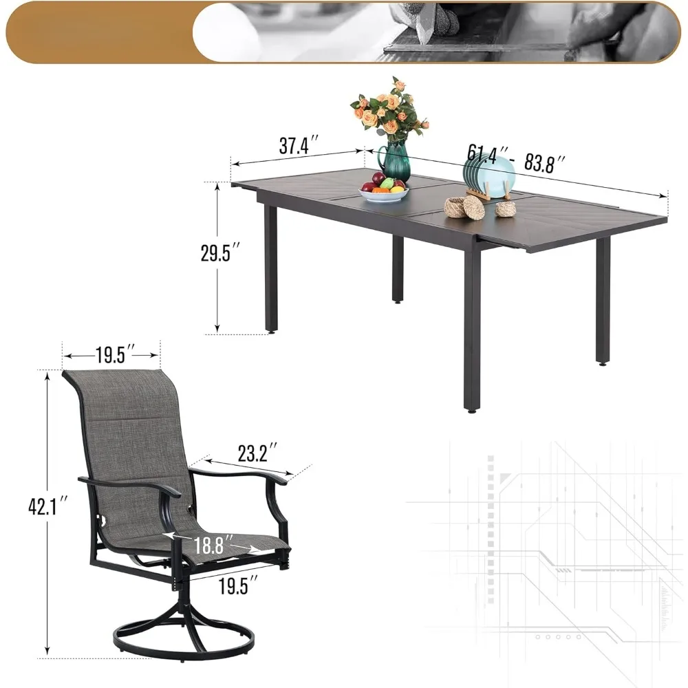 Terrassenmöbel-Set, Stühle, 8 x drehbare Terrassen-Esszimmerstühle mit hoher Rückenlehne, erweiterbarer Tisch für 6–8 Personen, 9-teilige Outdoor-Essets