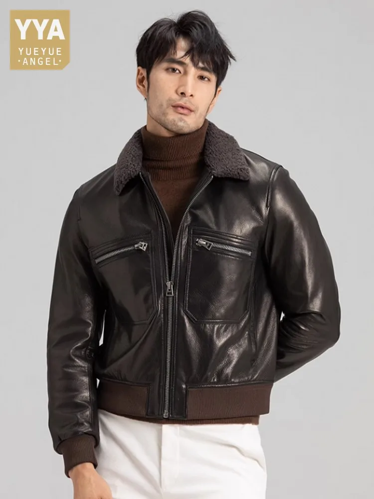 

Italian Sheepskin Genuine Leather Jacket Men Business Work Coat Slim Fit Short Fur Collar Bomber Jacket Luxury Moto Biker Coats