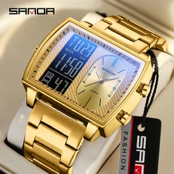 Rectangle Men Wrist Watch 2025 Top Brand Luxury Male Clock Gold Stainless Steel Band Dual Display Digital Quartz Watches For Men