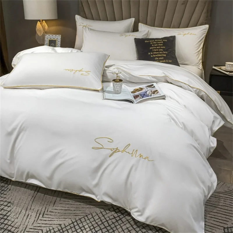 

High End Skin Friendly Bedding Set Queen Luxury Embroidery Duvet Cover Set with Flat Sheet Simple Durable King Size Bedding Sets