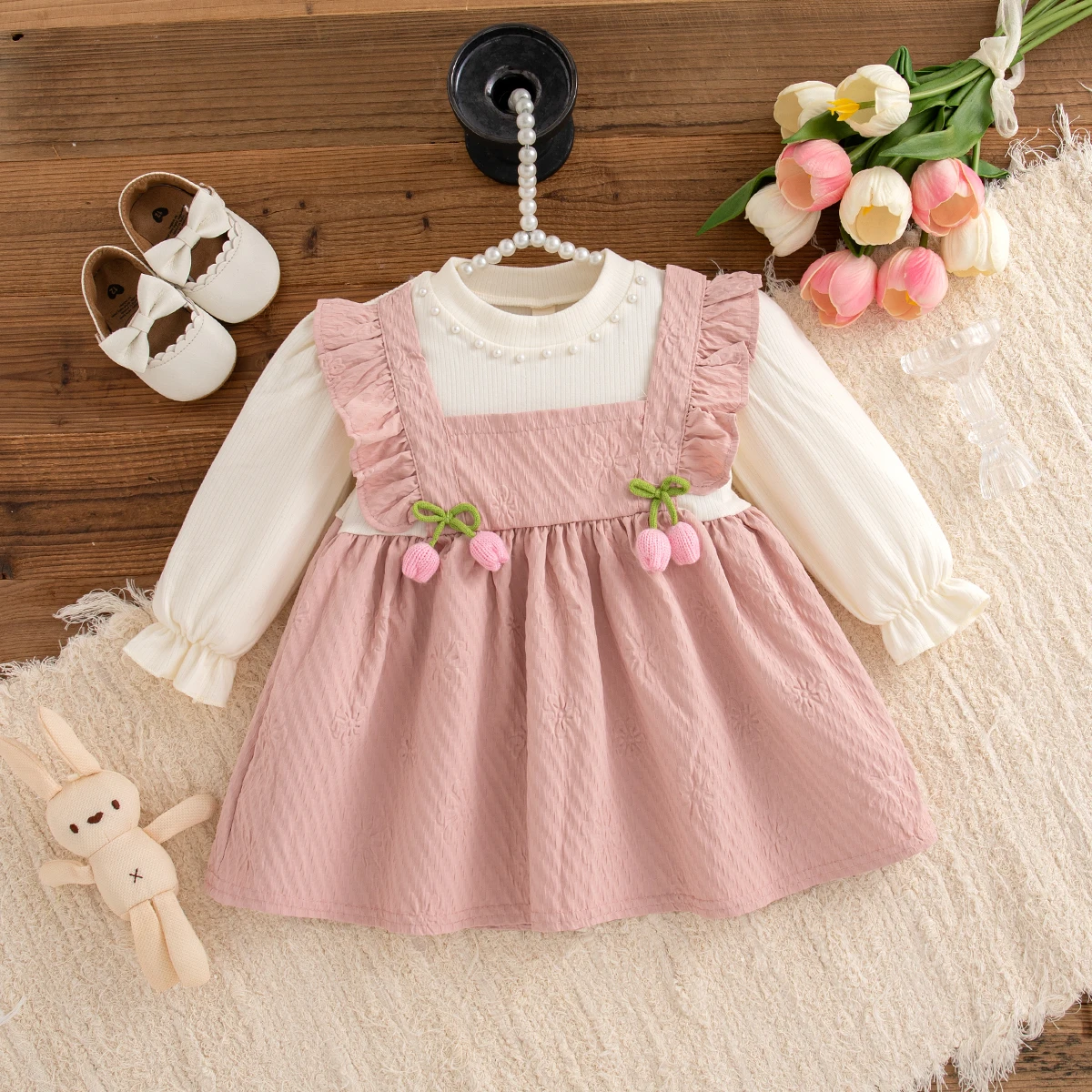 Baby Girl Dress Spring And Autumn Long Sleeves Tulip Pleats Pearl Edges Girls Dresses Cute And Casual Fluffy Baby Clothing
