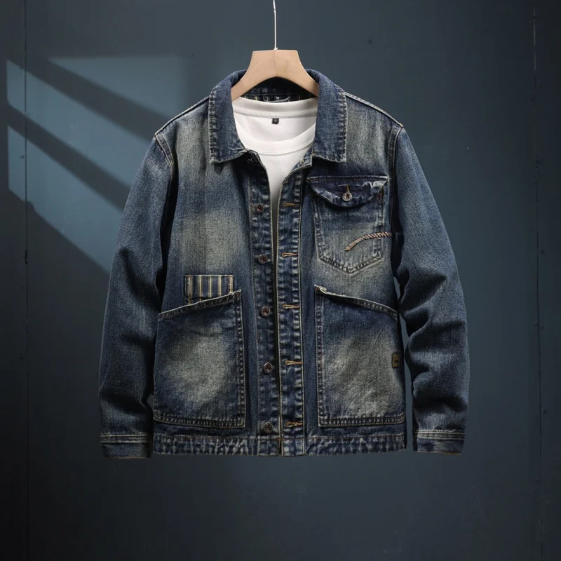 2024 New Fall Denim jacket men's fashion lapel loose retro multi-pocket washed nostalgic casual street clothes