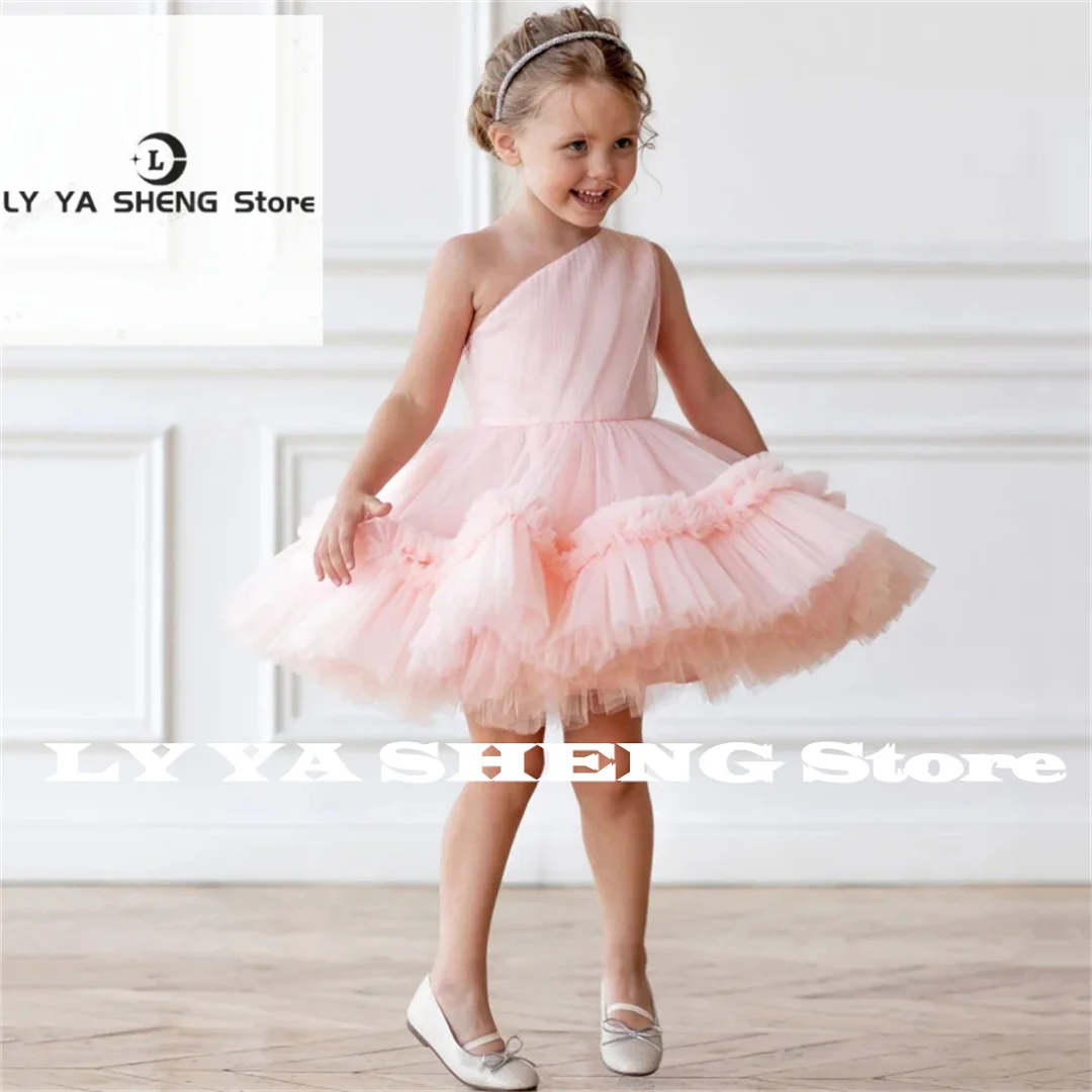 Pink Flower Girl Dresses Tulle Puffy Tiered Single Shoulder Sleeveless For Wedding Birthday Party Holy Communion Gowns