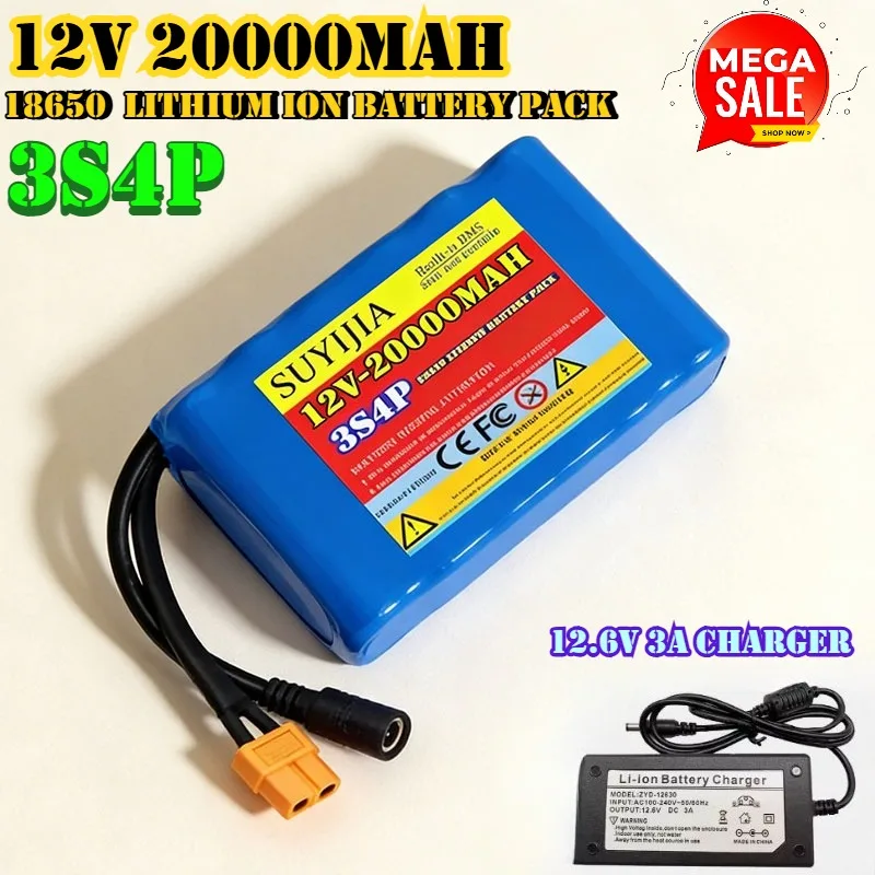 New 12V 20ah 40A BMS Orline Battery 18650 20000mAh Lithium Ion High Capacity Battery XT60 Dc5521 400W High Power Motorcycle Lamp