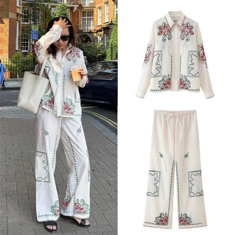 

Women's Suit New Summer 2025 Embroidered Long-sleeved Shirt Trouser Set Casual and Loose Personality and Fashion