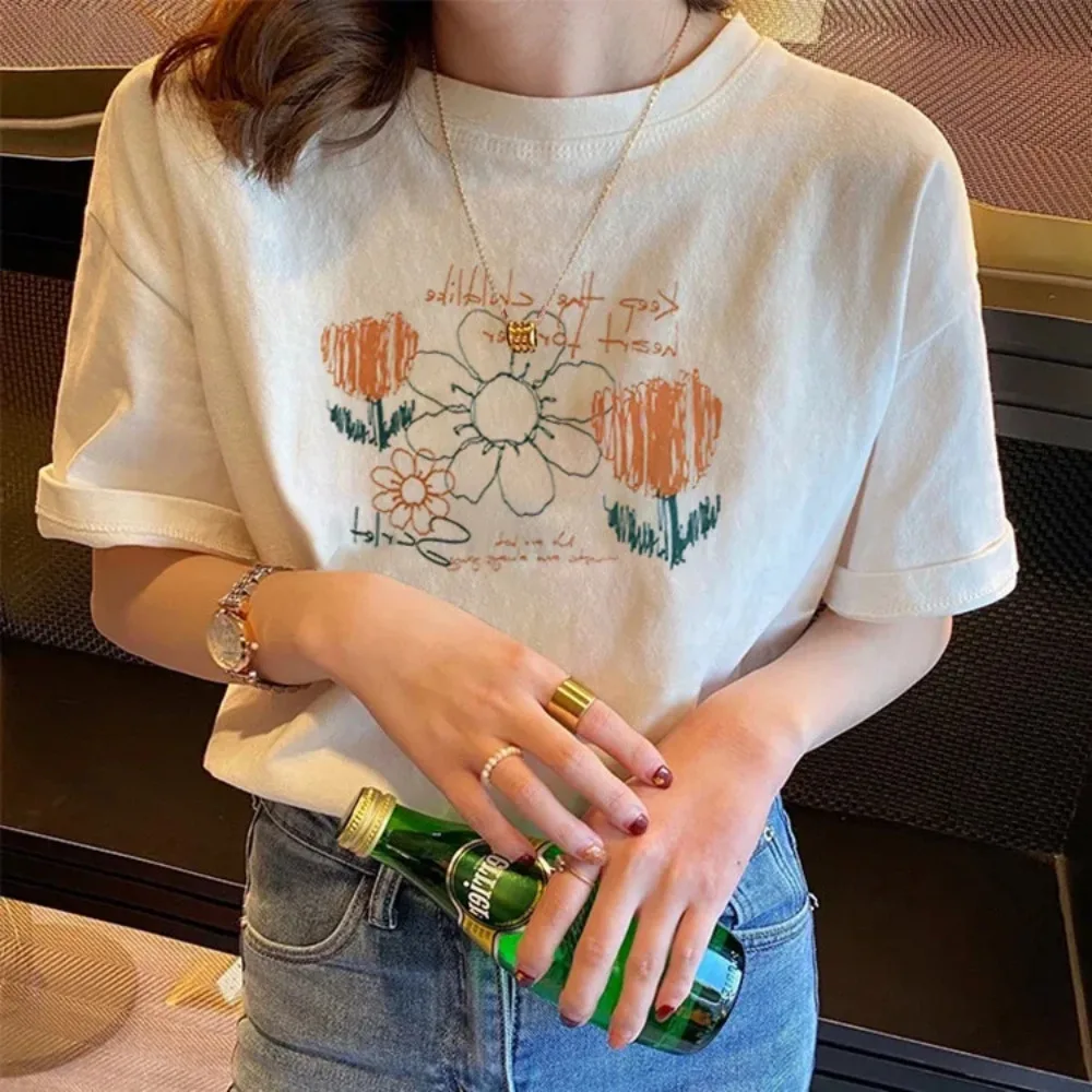 Weißes Casual Kurzarm T-Shirt Damen-Oberteil Koreanischer Chic Rundhals-Print Sommer-Shirt Grafik-T-Shirts Sommer-Streetwear Harajuku Y2K