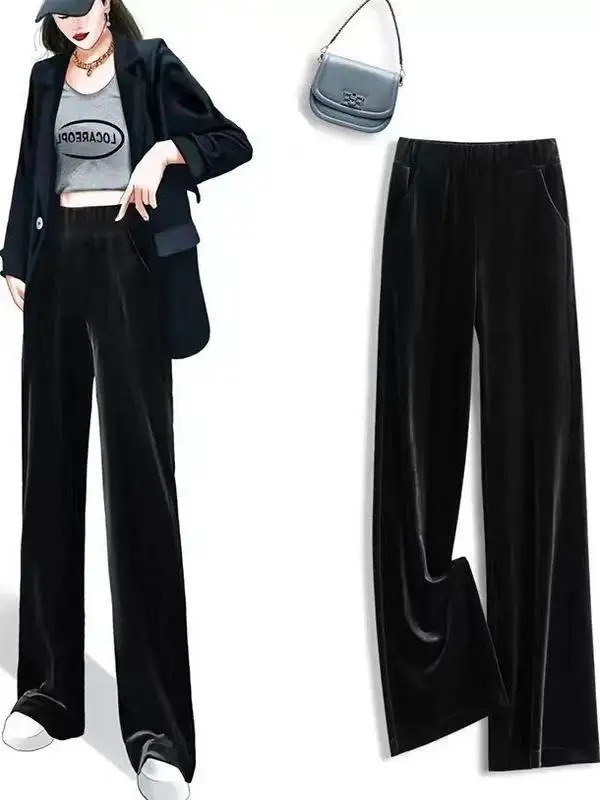 High Waist Elastic Waist Gold Velvet Wide Leg Pants Women's Casual Trousers Spring Autumn New Style Loose Fit Small Size