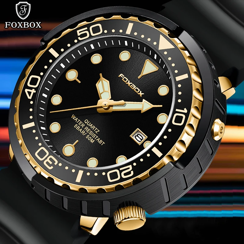 

FOXBOX Outdoor Sports Watch For Men Fashion Black Silicone Waterproof Luminous Watch Men Casual Business Men's Quartz Wristwatch