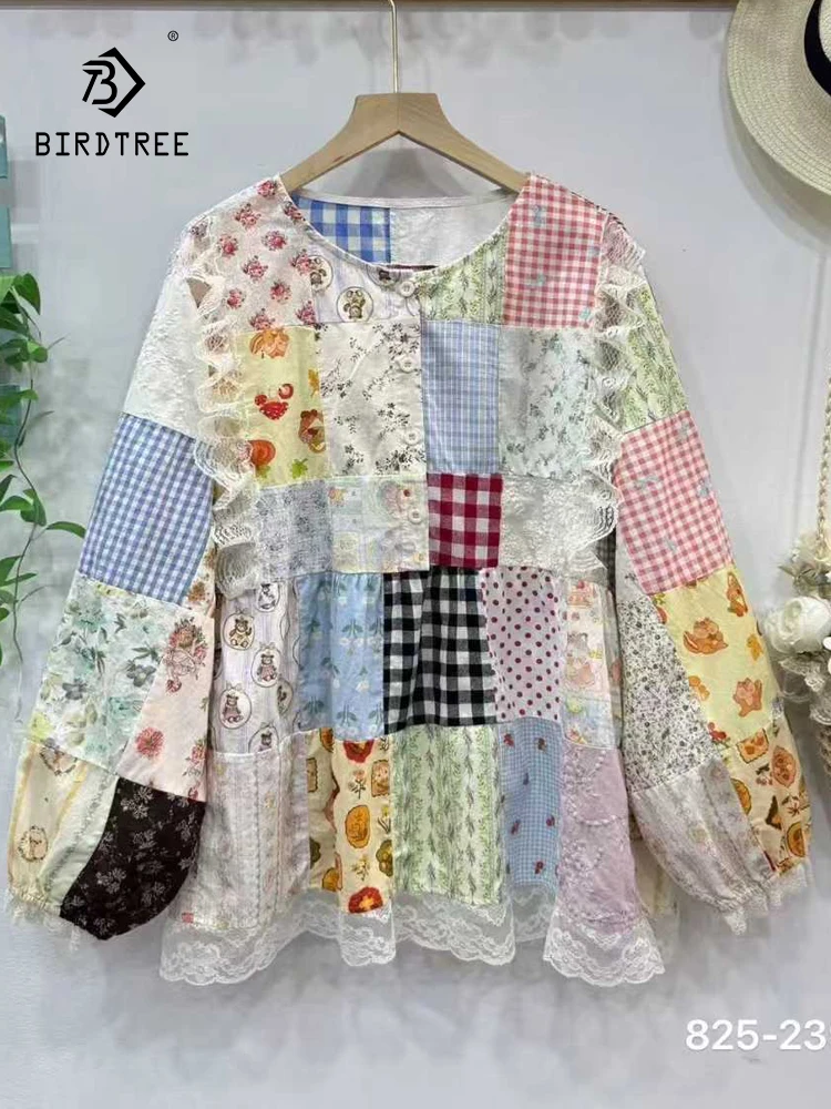 

New 2025 Autumn Cotton Long Sleeve Shirt, Women O Neck Pint Lace Patchwork, Mori Girl Sweet Age Reduction Loose Blouse T59477CC