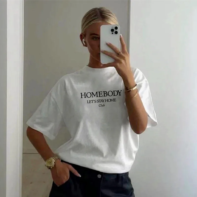 Let's Go Stay Home Club Letters Printing Women Summer Casual T shirts Short Sleeve Loose Cotton White Tops Ins Fashion Tees