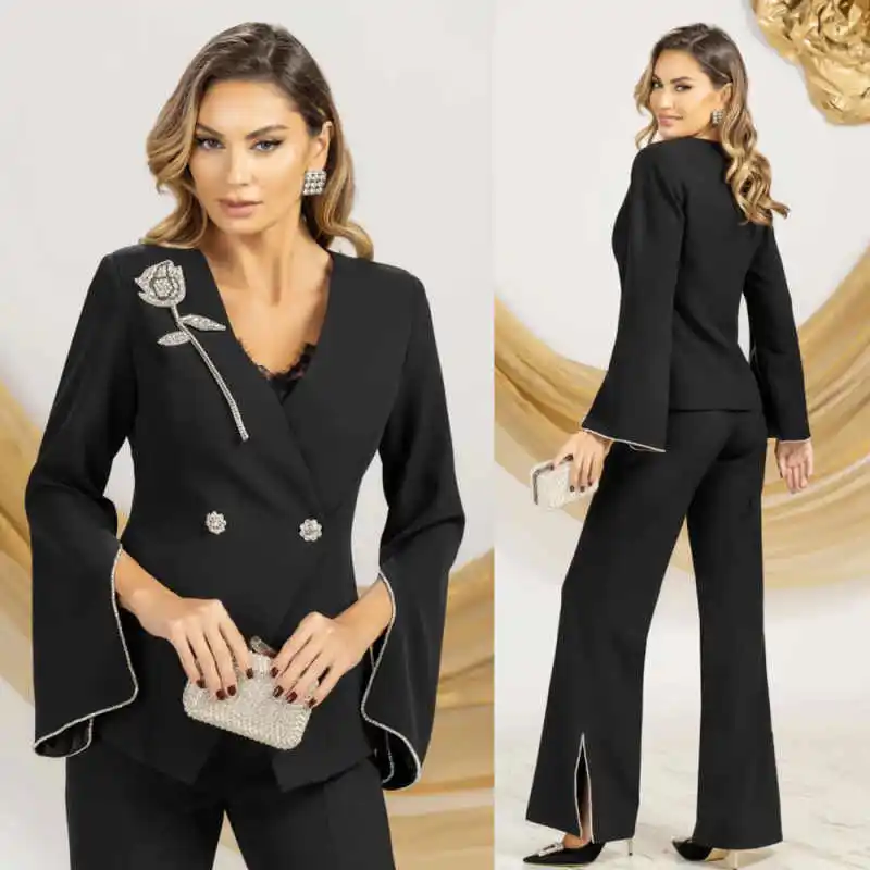 

Elegant Mother Of The Bride Suits Double Breasted Jacket Blazers Beaded Office Ladies Work 2 Pieces Customized Outfits