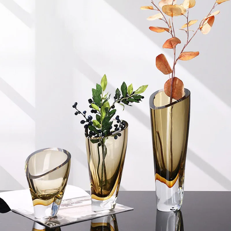 Quality Life New Fashion Triangle Crystal Table Vase Colored Glaze  Flower Holder Home Art Space Decor Ornaments Premium Crafts