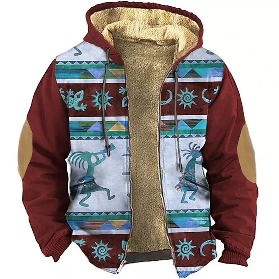 

Winter Zip Up Hoodies Men Fleece Hood Jacket Clothing Africa Tribal Graphic Sweatshirt Outerwear Streetwear Tracksuit Coat